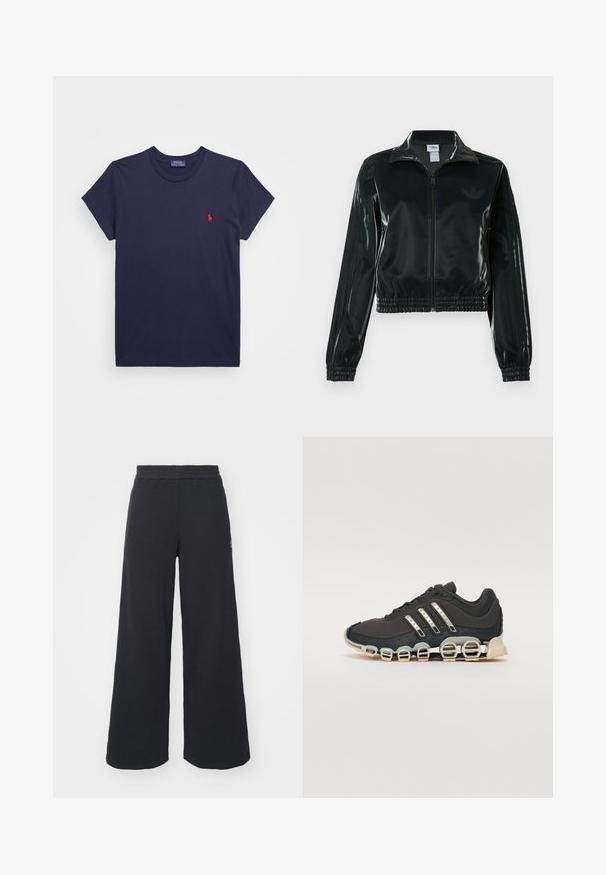 Crna sjajna kratka jakna s patentnim zatvaračem sprijeda, visokim ovratnikom i porubom s elastikom. Na rukavima ima tri pruge i mali logo na prsima.; Mornarsko plava pamučna majica s kratkim rukavima i okruglim izrezom. Ima mali crveni izvezeni logo na lijevoj strani prsnog koša.; Crne široke sweatpants hlače napravljene od mekog materijala, s elastičnim strukom i malim logotipom s lijeve strane.; Crne atletske tenisice s teksturiranim gornjim dijelom, tri srebrne pruge i posebnim potplatom s višestrukim integriranim sekcijama.