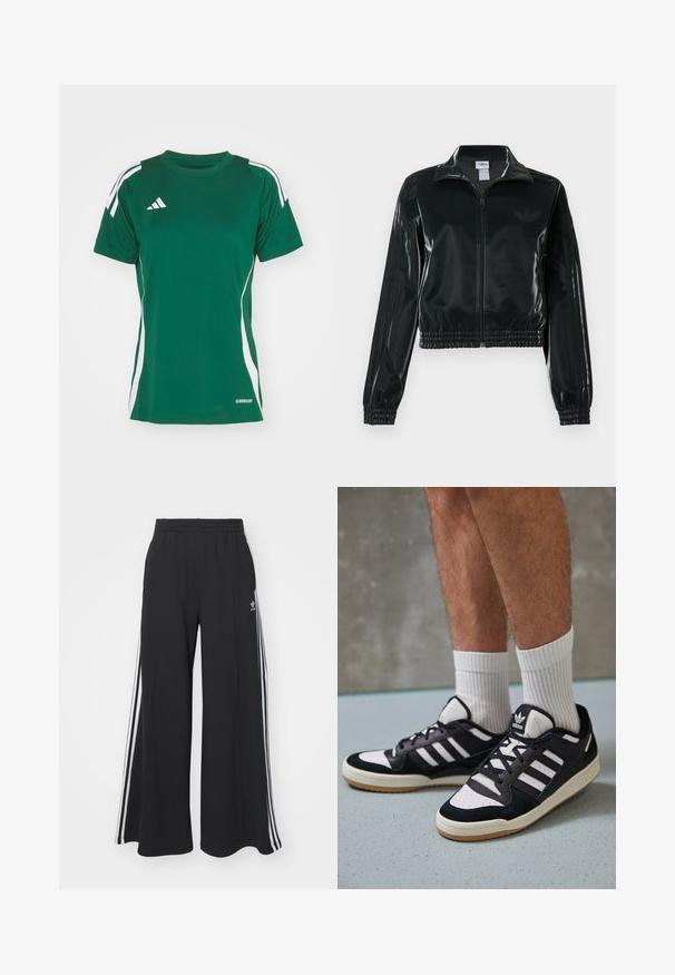 Crna sjajna kratka jakna s patentnim zatvaračem sprijeda, visokim ovratnikom i porubom s elastikom. Na rukavima ima tri pruge i mali logo na prsima.; Zelena atletska majica od materijala koji odvodi vlagu, sa bijelim bočnim prugama, okruglim izrezom i Adidas logotipom na gornjem lijevom dijelu.; Crne široke trenirke s elastičnim pojasom, s bijelim bočnim trakama i izvezenim logom na lijevom bedru.; Crne i bijele tenisice s gornjim dijelom od antilopa i kože, s tri bijele pruge, perforiranim prstom i gumiranim potplatom.