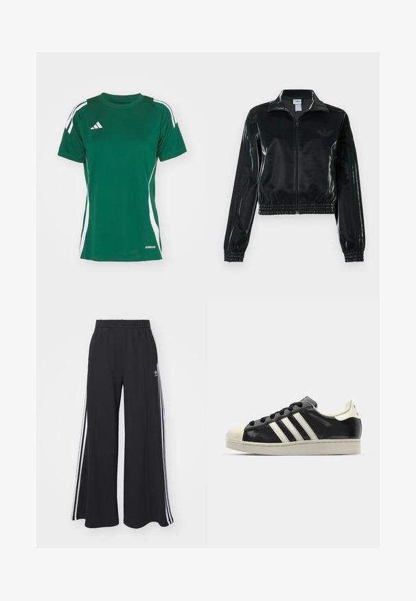 Melna spīdīga īsā jaka ar rāvējslēdzēja priekšpusi, augstu apkakli un elastīgu apakšu. Piedevas ir trīs svītras uz piedurknēm un neliels logotips uz krūtīm.; Zaļš sporta krekls, izgatavots no mitrumu uzsūcoša materiāla, ar baltām sānu svītrām, apļveida kakla izgriezumu un Adidas logo kreisajā augšējā stūrī.; Melnas plašas sporta bikses ar elastīgu jostasvietu, kurām ir baltas sānu svītras un izšūts logo kreisajā augšstilbā.; Melna ādas sporta apava ar baltām svītrām, gumijas purngala aizsardzību, melnām auklām un krēma krāsas zoli. Gluda tekstūra ar spīdīgu apdari.