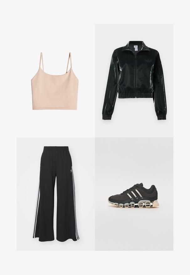 Schwarze glänzende, kurz geschnittene Jacke mit Reißverschluss vorne, hohem Kragen und elastischem Saum. Verfügt über drei Streifen an den Ärmeln und ein kleines Logo auf der Brust.; Hautfarbener, kurz geschnittener Tanktop mit dünnen Trägern, aus weichem Stoff gefertigt, mit glatter Textur und einem einfachen, geraden Schnitt.; Schwarze weite Sweatpants mit elastischem Bund, versehen mit weißen Seitestreifen und einem gestickten Logo auf dem linken Oberschenkel.; Schwarzer Sportschuh mit einer strukturierten Oberseite, drei silbernen Streifen und einer markanten Dämpfungssohle mit mehreren integrierten Sektionen.