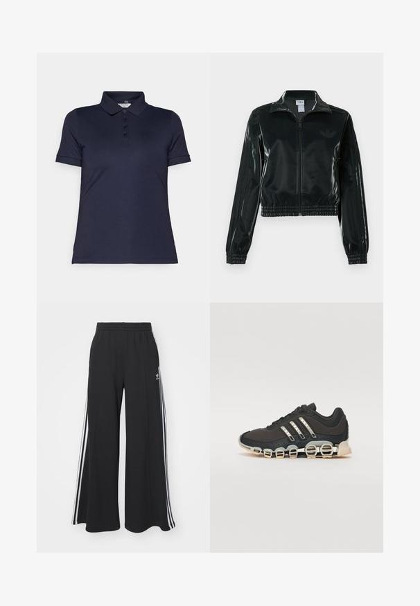 Casaco curto preto brilhante com fecho de correr frontal, gola alta e bainha elástica. Apresenta três riscas nas mangas e um pequeno logotipo no peito.; Camisa polo azul-marinho feita de tecido suave, com colarinho, mangas curtas e uma fileira de cinco botões. Inclui um detalhe de logotipo.; Calças de suor largas e pretas com uma cintura elástica, apresentando riscas brancas nas laterais e um logótipo bordado na coxa esquerda.; Shoe desportivo preto com um upper texturizado, três riscas prateadas e uma sola de amortecimento distinta, apresentando múltiplas secções integradas.