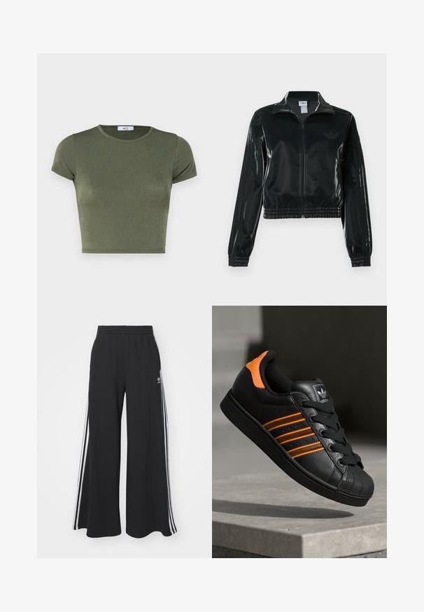 Zwarte glanzende cropped jas met een ritssluiting aan de voorkant, hoge kraag en elastische zoom. Voorzien van drie strepen op de mouwen en een klein logo op de borst.; Olijfgroene korte mouwen crop top met een ronde hals, gemaakt van textuurstof, met een aansluitend ontwerp en minimalistische naden.; Zwarte wijde sweatpants met een elastische tailleband, met witte zijstrepen en een geborduurd logo op de linker dij.; Zwarte sneaker met oranje accenten, drie horizontale strepen, bovenwerk van textuurlak, rubberen neuzen en zwarte veters.