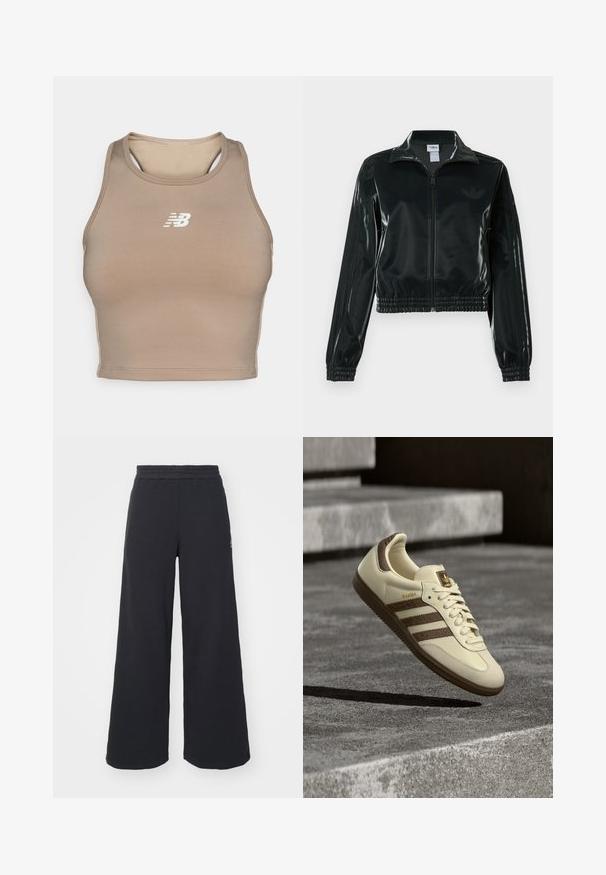 Črno, sijočo kratko jakno z zadrgo spredaj, visokim ovratnikom in elastičnim spodnjim robom. Na rokavih so tri črte, na prsih pa majhen logotip.; Obleka za šport s tankimi naramnicami v svetlo rjavi barvi, prilagojena oblika, izdelana iz gladkega materiala. Ima bel logotip na sprednji strani ter športni kroj z izrezanimi podrobnostmi.; Črne široke trenirke iz mehkega blaga, z elastičnim pasom in majhnim logotipom na levi strani.; Superga v kremni barvi z rjavimi poudarki, teksturiranimi stranskimi črtami in gladkim usnjenim zaključkom. Ima zavezovanje z vezalkami in gumijast podplat.