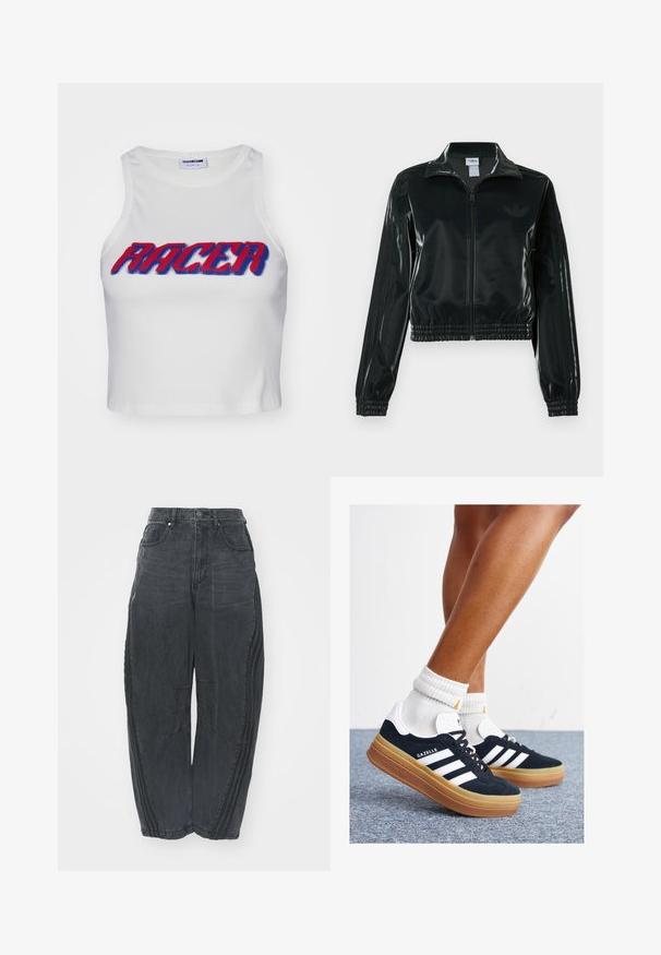 Black glossy cropped jacket with a zip front, high collar, and elasticized hem. Features three stripes on sleeves and a small logo on the chest.; White ribbed cropped tank top featuring the word "RACER" in bold red and blue lettering across the front.; Baggy black denim jeans with a faded finish, five pockets, a waist button closure, and stitched detailing on the front and sides.; Black suede sneakers with white stripes and accents, rounded toe, gum rubber outsole, paired with white ribbed crew socks.