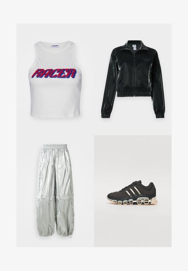 Black glossy cropped jacket with a zip front, high collar, and elasticized hem. Features three stripes on sleeves and a small logo on the chest.; White ribbed cropped tank top featuring the word "RACER" in bold red and blue lettering across the front.; Silver lightweight cargo pants with a shiny texture, elastic waistband, gathered cuffs, and two large front pockets.; Black athletic shoe with a textured upper, three silver stripes, and a distinctive cushioning sole featuring multiple integrated sections.