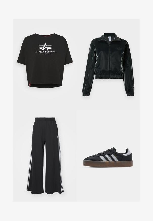 Must läikiv lühike jakk lukuga esiküljel, kõrge krae ja elastse äärega. Varrukatel on kolm triipu ja rinnal väike logo.; Alpha Industries BASIC - Trükipildiga T-särk - black; Mustad laiad trenni püksid elastse vöökohtaga, millel on valged küljeribad ja tikitud logo vasakul reiel.; Mustad mustad tossud, millel on peen disain, kolme valge triibuga, must keel ja tekstureeritud pruun kummist sisetald. Kuldsed kirjatrükise aktsendid.
