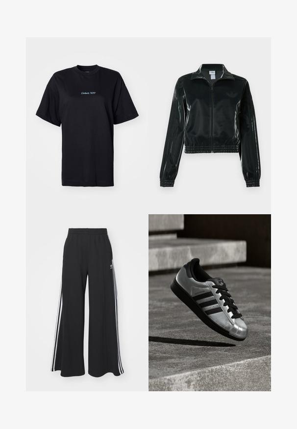 Black glossy cropped jacket with a zip front, high collar, and elasticized hem. Features three stripes on sleeves and a small logo on the chest.; Black cotton t-shirt with a relaxed fit. Features "Carhartt, WTP" embroidered in light blue on the front, round neckline, and short sleeves.; Black wide-leg sweatpants with an elastic waistband, featuring white side stripes and an embroidered logo on the left thigh.; Silver sneaker with a black rubber sole, black laces, and three black stripes. Features a metallic finish and classic shell toe design.