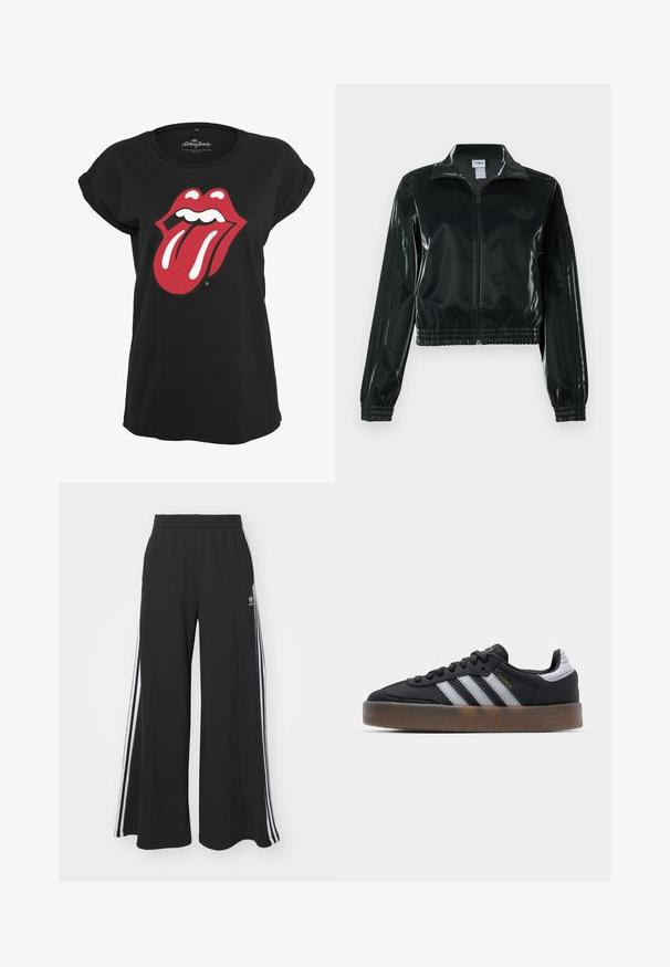 Crna sjajna kratka jakna s patentnim zatvaračem sprijeda, visokim ovratnikom i porubom s elastikom. Na rukavima ima tri pruge i mali logo na prsima.; Crna majica koja je izrađena od pamuka, na prednjoj strani sadrži crvenu i bijelu grafiku logotipa Rolling Stones-a u obliku usana i jezika. Okrugli izrez.; Crne široke trenirke s elastičnim pojasom, s bijelim bočnim trakama i izvezenim logom na lijevom bedru.; Crne tenisice s elegantnim dizajnom, s tri bijele pruge, crnim jezikom i teksturiranom smeškom gumom. Akcenti zlatnog natpisanja.