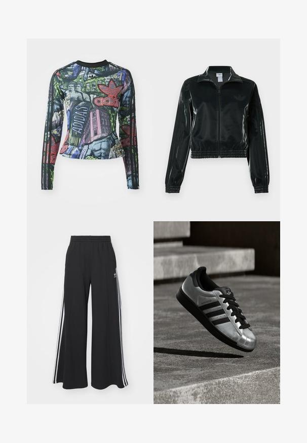 Sort blank cropped jakke med glidelås foran, høy krage og elastisk nederkant. Har tre striper på ermene og en liten logo på brystet.; Langermet idrettsgenser med grafisk trykk i sterke farger, inkludert svart, grønn og rød, samt tre svarte striper på hver erme.; Svart vide joggebukser med elastisk midjebånd, med hvite sidestriper og brodert logo på venstre lår.; Sølvfarget joggesko med svart gummisåle, svarte lisser og tre svarte striper. Har metallisk finish og klassisk skalltå-design.