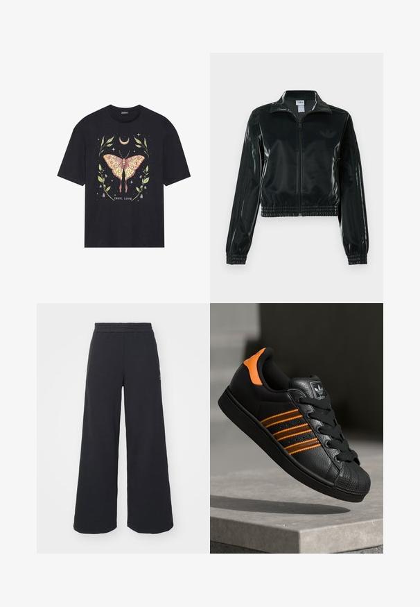 Black glossy cropped jacket with a zip front, high collar, and elasticized hem. Features three stripes on sleeves and a small logo on the chest.; Black cotton t-shirt featuring a colorful butterfly graphic surrounded by leaves and stars, with the text "TRUE LOVE" at the bottom.; Black wide-leg sweatpants made from soft fabric, featuring an elastic waistband and a small logo on the left side.; Black sneaker with orange accents, three horizontal stripes, textured leather upper, rubber toe cap, and black laces.