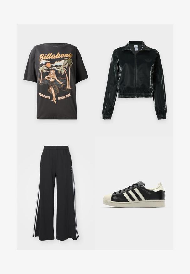 Casaco curto preto brilhante com fecho de correr frontal, gola alta e bainha elástica. Apresenta três riscas nas mangas e um pequeno logotipo no peito.; T-shirt de algodão preto com uma gráfica colorida de uma dançarina de hula, palmeiras e o texto "Billabong" em letras bold.; Calças de suor largas e pretas com uma cintura elástica, apresentando riscas brancas nas laterais e um logótipo bordado na coxa esquerda.; Sapatilha de couro preto com riscas brancas, biqueira de borracha, atacadores pretos e sola na cor creme. Textura suave com acabamento brilhante.