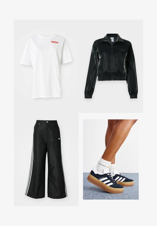 Svart glansig kort jacka med dragkedja framtill, hög krage och elastisk nederkant. Har tre ränder på ärmarna och en liten logga på bröstet.; Vit bomull t-shirt med korta ärmar och rund halsringning, med en liten röd Columbia-logotyp på vänster bröstområde.; Svarta vida denimbyxor med tre vita ränder på varje sida och en liten vit logotyp. Har framfickor och knäppning med knapp.; Svarta sneakers i mocka med vita ränder och detaljer, rundad tå, yttersula i gummiblandning, kombinerade med vita ribbade crew-strumpor.