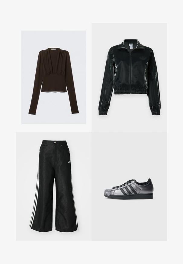 Black glossy cropped jacket with a zip front, high collar, and elasticized hem. Features three stripes on sleeves and a small logo on the chest.; Brown long-sleeve top with a v-neck, gathered detailing at the shoulders, and a fitted waist. Made of stretchy fabric for comfort.; Black wide-leg denim pants with three white stripe accents on each side and a small white logo. Features front pockets and a button closure.; Black and metallic silver sneakers with a rounded toe, three black stripes, and a textured upper. Black laces and rubber sole.