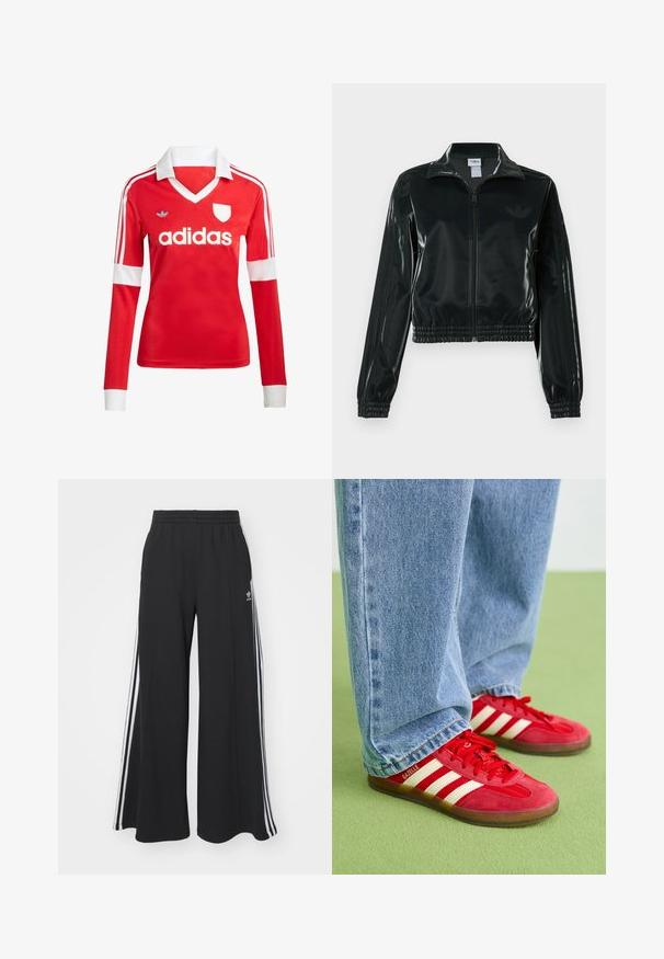 Sort blank cropped jakke med glidelås foran, høy krage og elastisk nederkant. Har tre striper på ermene og en liten logo på brystet.; Rød langermet fotballdrakt med hvit krage og mansjetter. Har tre hvite striper på skuldrene og "adidas"-logoen iøynefallende plassert.; Svart vide joggebukser med elastisk midjebånd, med hvite sidestriper og brodert logo på venstre lår.; Røde mockasonsko i ruskind med tre hvide striber, rund tå og tekstureret sål, parret med lyseblå denimjeans på en grøn baggrund.
