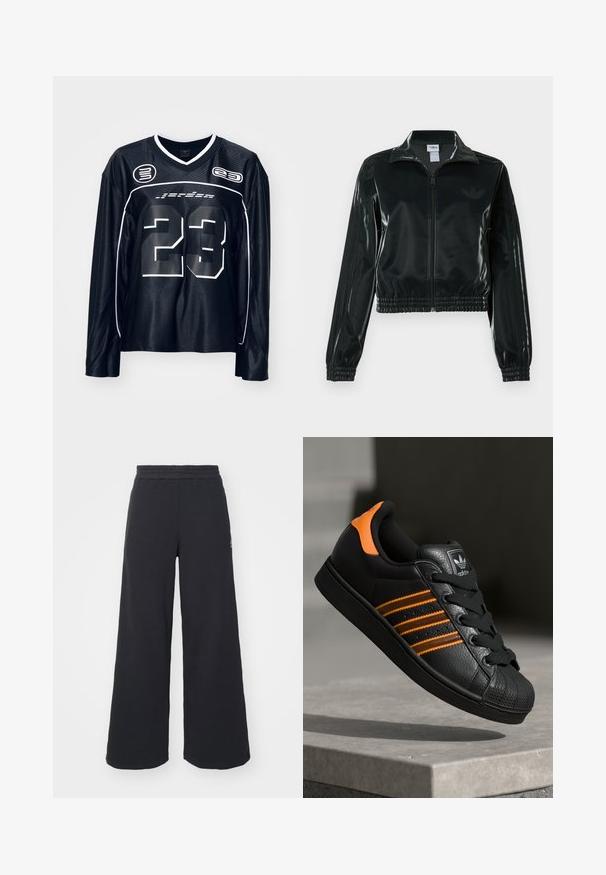 Black glossy cropped jacket with a zip front, high collar, and elasticized hem. Features three stripes on sleeves and a small logo on the chest.; Long-sleeve black jersey with white accents, featuring the number “23” prominently on the front, made from a smooth, lightweight material.; Black wide-leg sweatpants made from soft fabric, featuring an elastic waistband and a small logo on the left side.; Black sneaker with orange accents, three horizontal stripes, textured leather upper, rubber toe cap, and black laces.