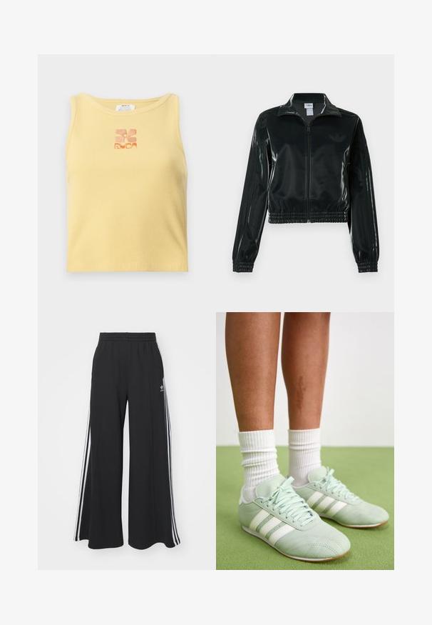 Black glossy cropped jacket with a zip front, high collar, and elasticized hem. Features three stripes on sleeves and a small logo on the chest.; Yellow ribbed tank top featuring a small, embroidered floral logo in orange at the center. Simple, sleeveless design with a round neckline.; Black wide-leg sweatpants with an elastic waistband, featuring white side stripes and an embroidered logo on the left thigh.; Mint green athletic shoes with white stripes, smooth leather texture, rounded toe, and rubber outsole, paired with white ribbed socks.