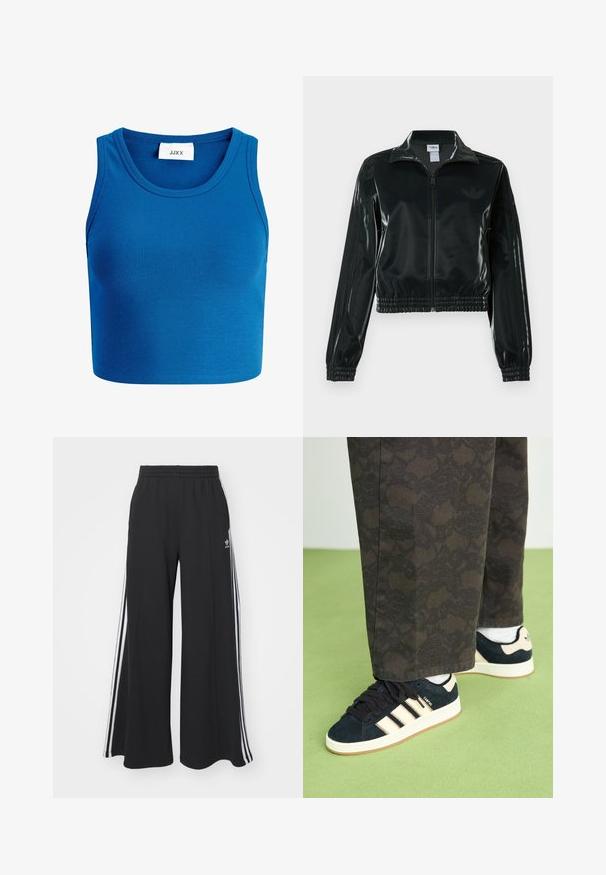Sort blank cropped jakke med glidelås foran, høy krage og elastisk nederkant. Har tre striper på ermene og en liten logo på brystet.; Blå ribbestrikket crop top med bred utringning, ermeløs design, og en etikett som sier "JJXX" plassert midt på utringningen.; Svart vide joggebukser med elastisk midjebånd, med hvite sidestriper og brodert logo på venstre lår.; Sorte og mønstrede bukser kombinert med marineblå suedesko med kremfargede striper og hvite såler. Overflatene som vises er teksturerte og flate.