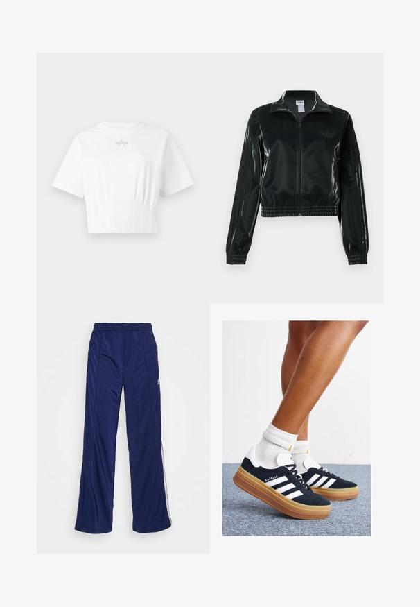 Black glossy cropped jacket with a zip front, high collar, and elasticized hem. Features three stripes on sleeves and a small logo on the chest.; White cropped t-shirt made of soft fabric, featuring short sleeves, a crew neck, and a subtle silver logo on the chest.; Navy athletic pants with an elastic waistband, straight legs, and side zippers. Features white piping along the sides. Smooth fabric texture.; Black suede sneakers with white stripes and accents, rounded toe, gum rubber outsole, paired with white ribbed crew socks.