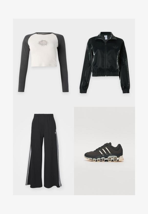 Crna sjajna kratka jakna s patentnim zatvaračem sprijeda, visokim ovratnikom i porubom s elastikom. Na rukavima ima tri pruge i mali logo na prsima.; Skraćena košulja dugih rukava svijetlosive boje s tamnosivim rukavima. Ima grafiku sunca u bež boji na prsima. Pamuk.; Crne široke trenirke s elastičnim pojasom, s bijelim bočnim trakama i izvezenim logom na lijevom bedru.; Crne atletske tenisice s teksturiranim gornjim dijelom, tri srebrne pruge i posebnim potplatom s višestrukim integriranim sekcijama.