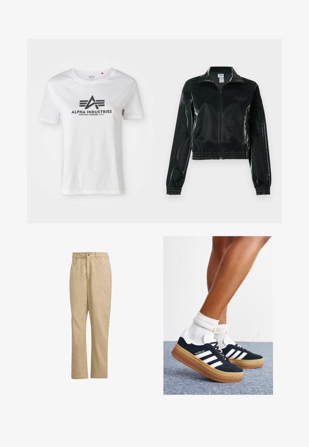 Black glossy cropped jacket with a zip front, high collar, and elasticized hem. Features three stripes on sleeves and a small logo on the chest.; Short-sleeve white cotton t-shirt featuring a black printed logo with wings and “ALPHA INDUSTRIES” text, round neck design, and relaxed fit.; Khaki cotton trousers with a straight cut, featuring a front button closure, two side pockets, and minimal branding on the front.; Black suede sneakers with white stripes and accents, rounded toe, gum rubber outsole, paired with white ribbed crew socks.