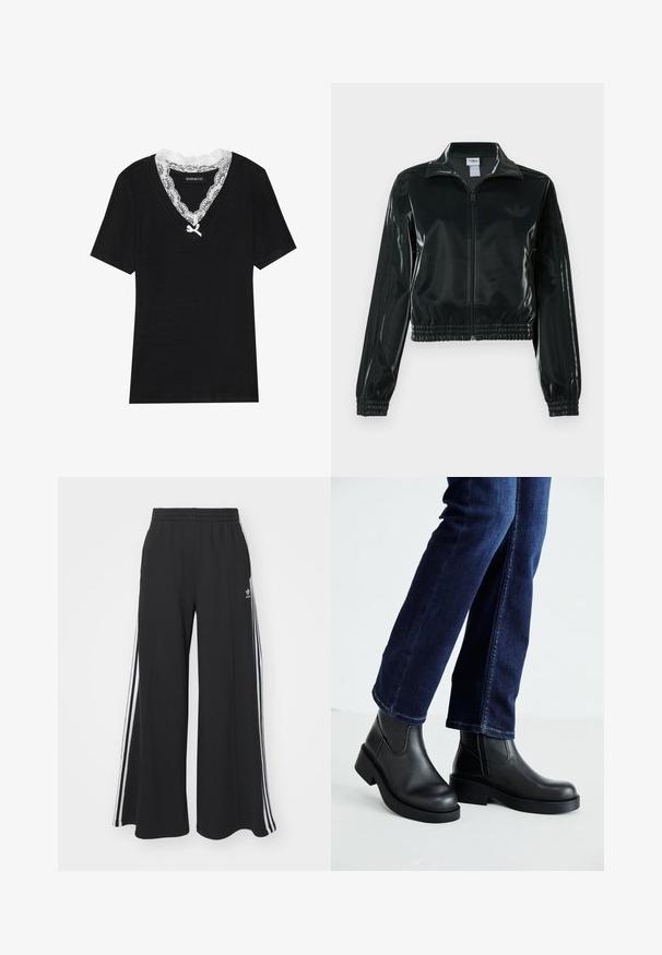 Casaco curto preto brilhante com fecho de correr frontal, gola alta e bainha elástica. Apresenta três riscas nas mangas e um pequeno logotipo no peito.; Camiseta preta de manga curta com decote em V, apresentando um colarinho de renda branca e um pequeno laço na gola. Tecido suave e macio.; Calças de suor largas e pretas com uma cintura elástica, apresentando riscas brancas nas laterais e um logótipo bordado na coxa esquerda.; Botas de tornozelo de couro preto com sola grossa e painéis elásticos laterais, combinadas com jeans azul escuro. O chão é de cor clara.