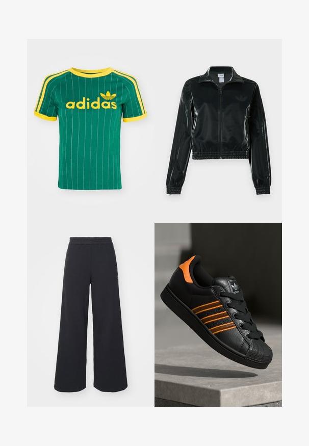 Černá lesklá zkrácená bunda se zipem vpředu, vysokým límcem a elastickým lemem. Má tři pruhy na rukávech a malé logo na hrudi.; Zelené bavlněné tričko s vertikálními bílými pruhy, žlutými akcenty a logem "adidas" v žlutém písmu. Krátké rukávy a kulatý výstřih.; Černé široké tepláky vyrobené z měkké tkaniny, s elastickým pasem a malým logem na levé straně.; Černé tenisky s oranžovými akcenty, třemi horizontálními pruhy, texturovaným koženým svrškem, gumovou špicí a černými tkaničkami.