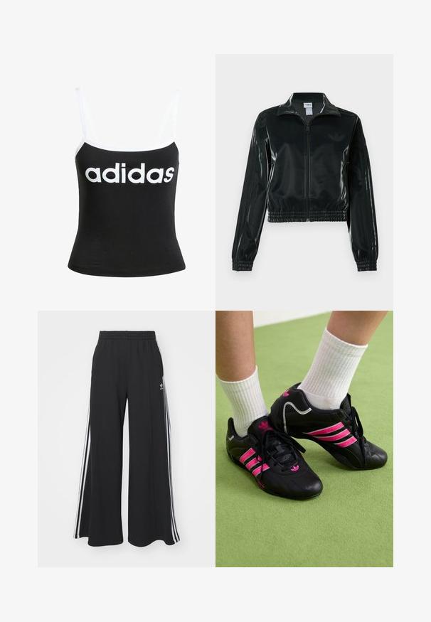 Černá lesklá zkrácená bunda se zipem vpředu, vysokým límcem a elastickým lemem. Má tři pruhy na rukávech a malé logo na hrudi.; Černý tílko vyrobené z bavlny, s tenkými ramínky, přiléhavým střihem a výrazným bílým logem "adidas" na přední straně.; Černé pohodlné tepláky širokého střihu s elastickým pasem, na boční straně s bílými pruhy a vyšitým logem na levé stehně.; Černé sportovní boty se třemi růžovými pruhy, svrchní část z texturované kůže, černé tkaničky a detaily loga, spárované s bílými žebrovanými ponožkami na zeleném povrchu.