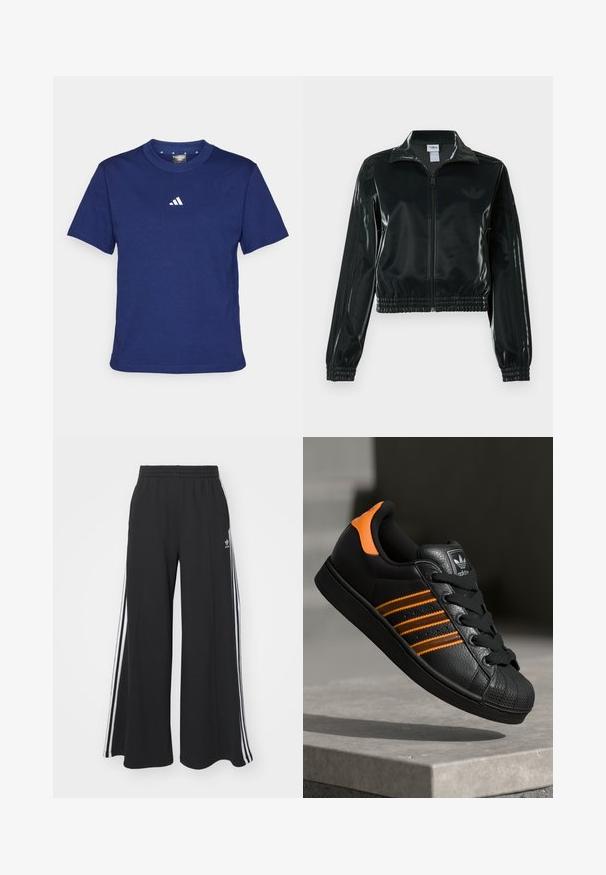 Must läikiv lühike jakk lukuga esiküljel, kõrge krae ja elastse äärega. Varrukatel on kolm triipu ja rinnal väike logo.; Tumesinine puuvillane T-särk lühikeste varrukatega ja ümara kaelusega. Väike valge Adidas logo rinnal. Sile tekstuur.; Mustad laiad trenni püksid elastse vöökohtaga, millel on valged küljeribad ja tikitud logo vasakul reiel.; Mustad mustad mustad oranzhides üksikasjad, kolm horisontaalset triipu, tekstureeritud nahk pealisosa, kummist varbaosa ja mustad paelad.