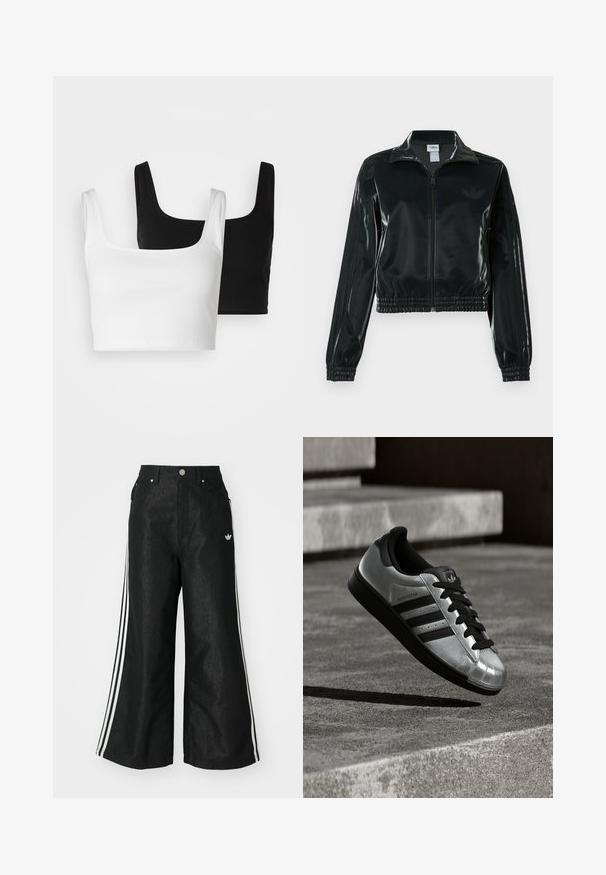 Sort, glinsende cropped jakke med lynlås foran, høj krave og elastisk kant. Har tre striber på ærmerne og et lille logo på brystet.; Even&Odd 2 PACK - Top - black/white; Sorte vide denim bukser med tre hvide striber på hver side og et lille hvidt logo. Indeholder forlommer og en knaplukning.; Sølvfarvet sneaker med sort gummisål, sorte snørebånd og tre sorte striber. Har en metallisk finish og klassisk tåkapdesign.