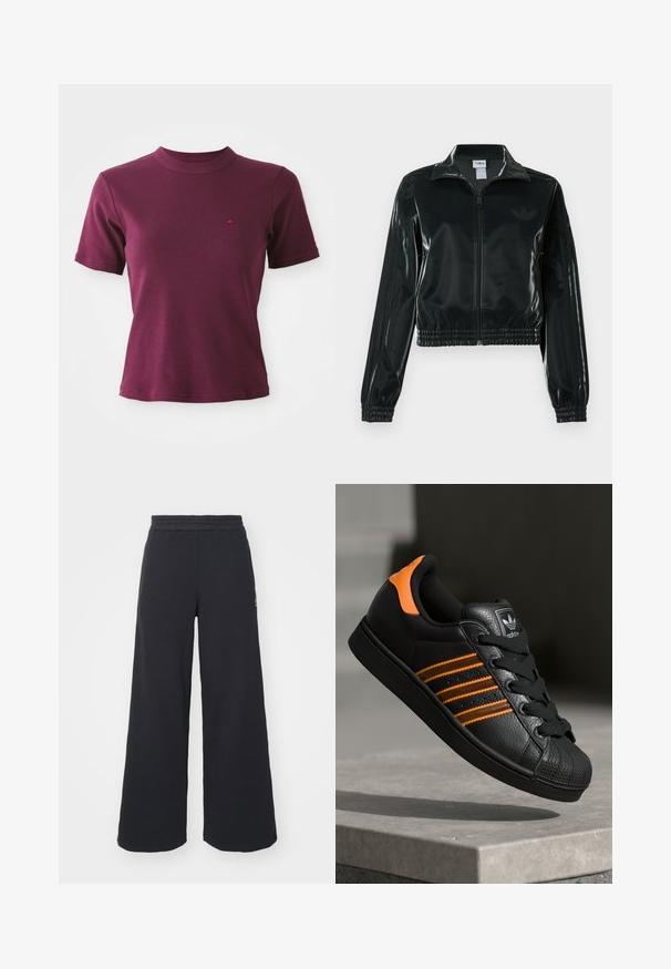 Black glossy cropped jacket with a zip front, high collar, and elasticized hem. Features three stripes on sleeves and a small logo on the chest.; Short-sleeve ribbed burgundy T-shirt with crew neck and subtle embroidered logo on the left chest.; Black wide-leg sweatpants made from soft fabric, featuring an elastic waistband and a small logo on the left side.; Black sneaker with orange accents, three horizontal stripes, textured leather upper, rubber toe cap, and black laces.