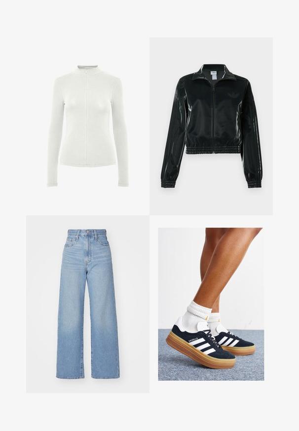 Black glossy cropped jacket with a zip front, high collar, and elasticized hem. Features three stripes on sleeves and a small logo on the chest.; Long-sleeve top in light gray ribbed fabric, featuring a high collar and front zipper. Slim-fit design with textured detailing.; Light blue high-waist wide-leg jeans with front button and zip closure, front and back pockets, on a white background.; Black suede sneakers with white stripes and accents, rounded toe, gum rubber outsole, paired with white ribbed crew socks.