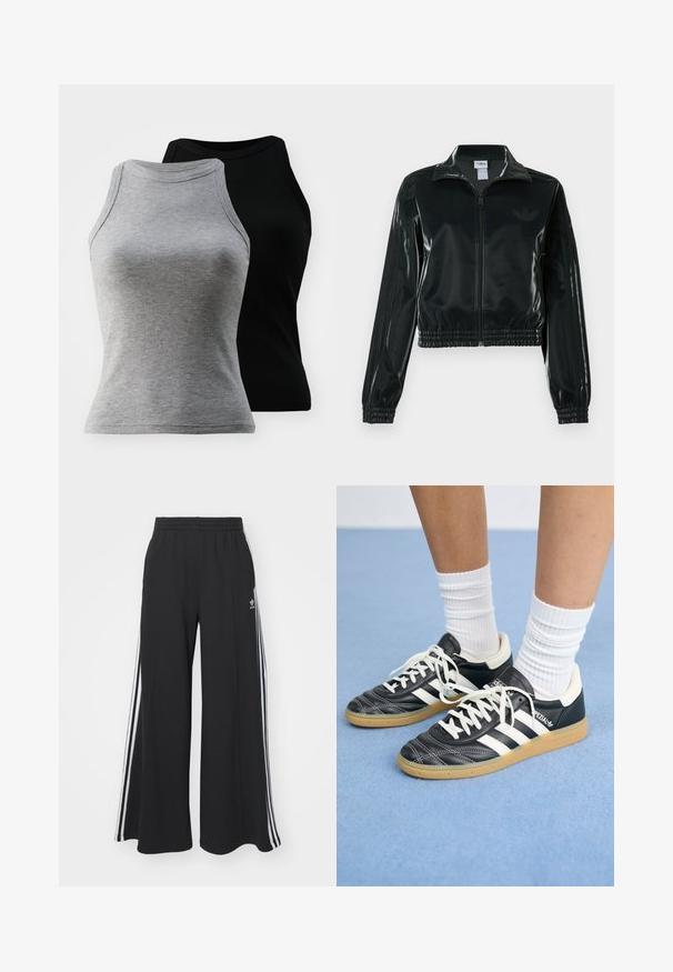 Jachetă neagră lucioasă, scurtă, cu fermoar frontal, guler înalt și tiv elastic. Are trei dungi pe mâneci și un mic logo pe piept.; Două topuri fără mâneci, din material peticit, în culorile gri și negru. Acestea au un decolteu rotund și o siluetă ajustată, fiind realizate dintr-un amestec moale de bumbac.; Pantaloni de trening negri cu croială largă, prevăzuți cu un brâu elastic, având dungi laterale albe și un logo brodat pe coapsa stângă.; Adidași din piele neagră cu dungi albe, vârful rotund, șireturi albe și talpă din cauciuc natural. Accentuați de un guler căptușit și detalii de brand.