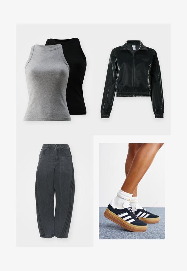 Svart glansig kort jacka med dragkedja framtill, hög krage och elastisk nederkant. Har tre ränder på ärmarna och en liten logga på bröstet.; Två ärmlösa ribbade linnen i grått och svart. De har en rundad halsringning och en figurnära silhuett, tillverkade av en mjuk bomullsblandning.; Baggy svarta denimjeans med en urtvättad finish, fem fickor, midjeband med knappstängning och sömnadsdetaljer framtill och på sidorna.; Svarta sneakers i mocka med vita ränder och detaljer, rundad tå, yttersula i gummiblandning, kombinerade med vita ribbade crew-strumpor.