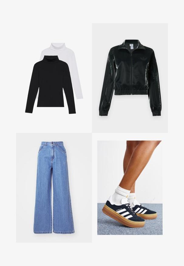 Musta kiiltävä lyhyt takki vetoketjulla, korkealla kauluksella ja joustavalla helmalla. Hihoissa on kolme raitaa ja rinnassa pieni logo.; Mustat ja valkoiset pitkähihaiset poolopaidat pinottuna, ribbikankaasta valmistettuina, joissa on muotoiltu malli ja korkeapääriset kaulukset.; adidas Originals Straight leg -farkut - light denim; Musta mokkanahkainen tennari, jossa valkoiset raidat ja yksityiskohdat, pyöreä kärki, purukumipohja, yhdistetty valkoisiin ribbineuleisiin nilkkasukkiin.