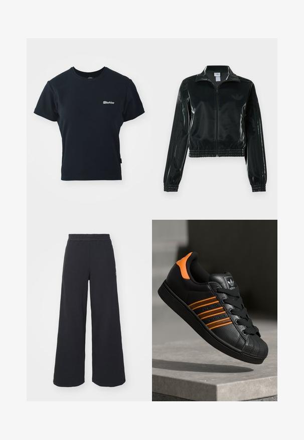 Sort blank cropped jakke med glidelås foran, høy krage og elastisk nederkant. Har tre striper på ermene og en liten logo på brystet.; Svart bomull t-skjorte med korte ermer, rund hals og liten hvit brodert logo på brystet. Klassisk, tettsittende design.; Svart bukse med vid benvidde laget av myk stoff, med elastisk midjebånd og en liten logo på venstre side.; Svart sneaker med oransje detaljer, tre horisontale striper, teksturert skinnoverdel, gummitå, og svarte lisser.