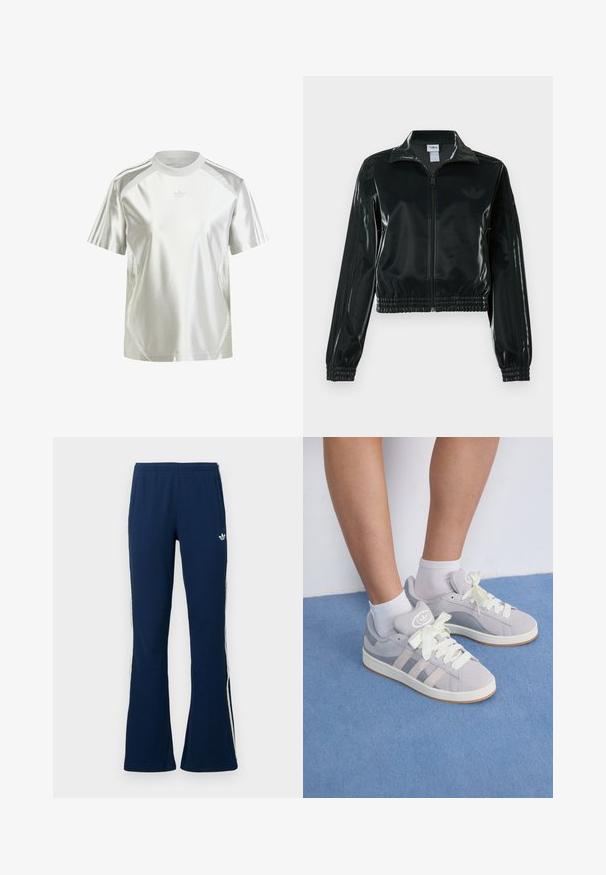 Melna spīdīga īsā jaka ar rāvējslēdzēja priekšpusi, augstu apkakli un elastīgu apakšu. Piedevas ir trīs svītras uz piedurknēm un neliels logotips uz krūtīm.; Balts sporta T-krekls, izgatavots no spīdīga materiāla. Tam ir īsas piedurknes, apaļa apkakle un sānu paneļi. Uz pleciem ir trīs svītras.; Tumši zili riboti izplesti sporta bikses ar baltām sānu svītrām un izšūtu logotipu kreisajā pusē, tajās ir divas sānu kabatas.; Pelēki zamša sporta apavi ar baltām šņorēm un gumijas zoli, ar trim diagonālām svītrām sānos un logotipa uzšuvi uz mēles.