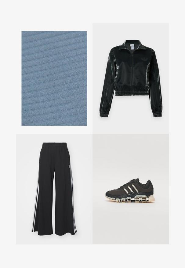 Črno, sijočo kratko jakno z zadrgo spredaj, visokim ovratnikom in elastičnim spodnjim robom. Na rokavih so tri črte, na prsih pa majhen logotip.; Svetlo modra tkanina z teksturiranim, rebrastim vzorcem. Površina prikazuje mehke, dvignjene črte, ki tečejo horizontalno čez material.; Črne široke trenirke z elastičnim pasom, ki imajo bele stranske proge in vezeno logo na levi stegna.; Črne športne čevlje z teksturiranim zgornjim delom, tremi srebrnimi črtami in značilno blažilno podplatom, ki vključuje več integriranih delov.