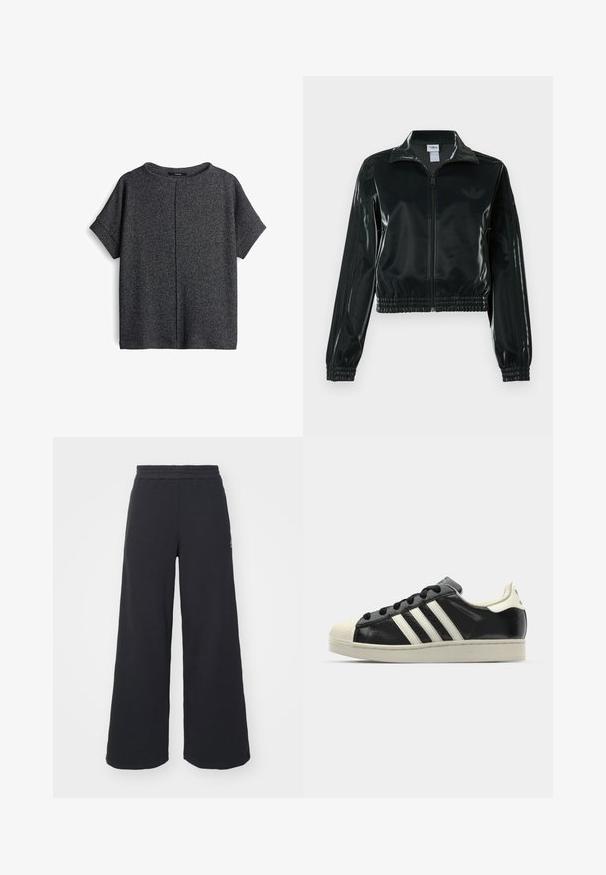 Zwarte glanzende cropped jas met een ritssluiting aan de voorkant, hoge kraag en elastische zoom. Voorzien van drie strepen op de mouwen en een klein logo op de borst.; Grijze T-shirt met korte mouwen gemaakt van zachte stof, met een ronde halslijn en een centrale naad aan de achterkant. Losse pasvorm met opgerolde mouwen.; Zwarte wijde sweatpants gemaakt van zachte stof, met een elastische tailleband en een klein logo aan de linkerkant.; Zwarte leren sneaker met witte strepen, rubberen teenbescherming, zwarte veters en een crèmekleurige loopzool. Glad oppervlak met een glanzende afwerking.