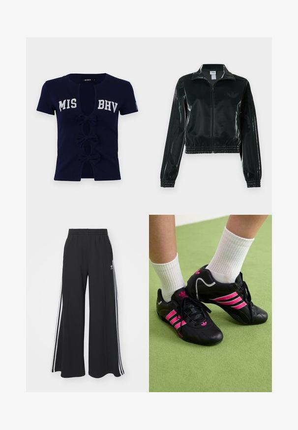 Melna spīdīga īsā jaka ar rāvējslēdzēja priekšpusi, augstu apkakli un elastīgu apakšu. Piedevas ir trīs svītras uz piedurknēm un neliels logotips uz krūtīm.; Tums zils īsām piedurknēm T-krekls ar dziļu V veida izgriezumu, kas rotāts ar tekstu "MIS BHV." Priekšpusi rotā trīs lentītes, kas izgatavotas no mīksta kokvilnas auduma.; Melnas plašas sporta bikses ar elastīgu jostasvietu, kurām ir baltas sānu svītras un izšūts logo kreisajā augšstilbā.; Melnas sporta kurpes ar trim rozā svītrām, ar teksturētu ādas virsmu, melnām auklām un logotipa detaļu, kopā ar baltām ribotām zeķēm uz zaļas virsmas.