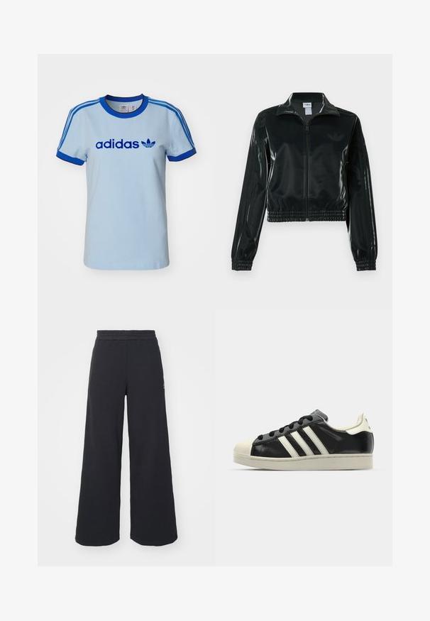 Black glossy cropped jacket with a zip front, high collar, and elasticized hem. Features three stripes on sleeves and a small logo on the chest.; adidas Originals GRAPHIC BADGE SLIM 3-STRIPES - Print T-shirt - clear sky; Black wide-leg sweatpants made from soft fabric, featuring an elastic waistband and a small logo on the left side.; Black leather sneaker with white stripes, rubber toe cap, black laces, and a cream-colored outsole. Smooth texture with shiny finish.