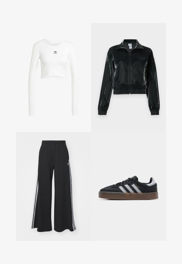 Black glossy cropped jacket with a zip front, high collar, and elasticized hem. Features three stripes on sleeves and a small logo on the chest.; White cropped long-sleeve shirt made of ribbed cotton. Features a round neck and small black Adidas logo on the chest.; Black wide-leg sweatpants with an elastic waistband, featuring white side stripes and an embroidered logo on the left thigh.; Black sneakers with a sleek design, featuring three white stripes, a black tongue, and a textured brown rubber sole. Accents of gold lettering.