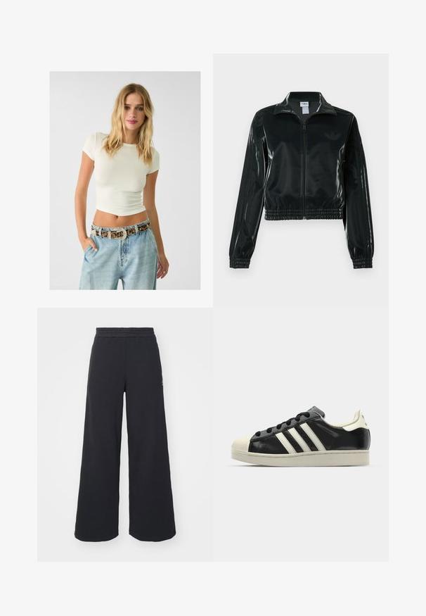 Giacca nera lucida corta con zip frontale, colletto alto e orlo elasticizzato. Presenta tre strisce sulle maniche e un piccolo logo sul petto.; Crop top a maniche corte color crema a costine abbinato a jeans in denim blu chiaro a vita alta e una cintura decorata con borchie e una fibbia ornamentale.; Pantaloni felpati neri a gamba larga realizzati in tessuto morbido, con un elastico in vita e un piccolo logo sul lato sinistro.; Sneaker in pelle nera con strisce bianche, punta in gomma, lacci neri e suola di colore crema. Texture liscia con finitura brillante.