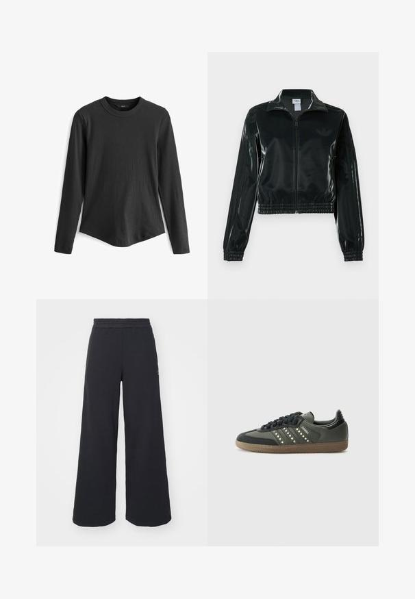 Czarna błyszcząca krótka kurtka na zamek błyskawiczny z przodu, z wysokim kołnierzem i elastycznym wykończeniem na dole. Na rękawach znajdują się trzy paski, a na piersi małe logo.; Czarny longsleeve z długim rękawem wykonany z żebrowanej tkaniny. Posiada okrągły dekolt i lekko zaokrąglony dół.; Czarne szerokie spodnie dresowe wykonane z miękkiego materiału, z elastycznym paskiem w talii oraz małym logo po lewej stronie.; adidas Originals SAMBA OG czarny