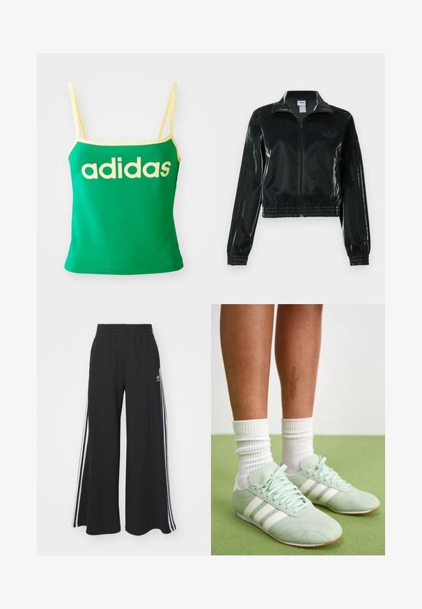 Černá lesklá zkrácená bunda se zipem vpředu, vysokým límcem a elastickým lemem. Má tři pruhy na rukávech a malé logo na hrudi.; Zelené tílko s žlutými akcenty, vyrobené z elastického materiálu. Na přední straně se nachází velké žluté logo "adidas" a tenké ramínka.; Černé pohodlné tepláky širokého střihu s elastickým pasem, na boční straně s bílými pruhy a vyšitým logem na levé stehně.; Mintově zelené sportovní boty s bílými pruhy, hladký kožený povrch, zaoblená špička a gumová podešev, doplněné bílými žebrovanými ponožkami.