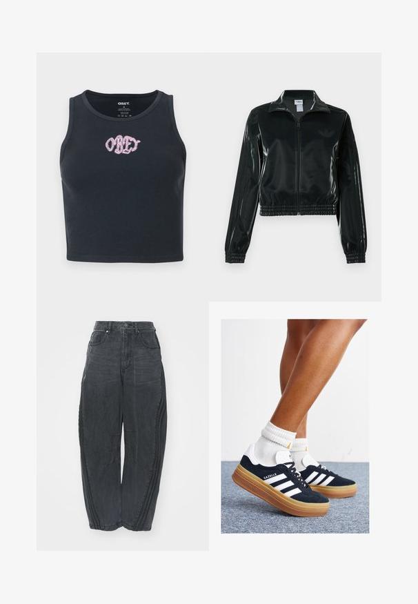 Sort blank cropped jakke med glidelås foran, høy krage og elastisk nederkant. Har tre striper på ermene og en liten logo på brystet.; Svart stripete kort tank topp laget av bomull med rund hals og en rosa brodert "OBEY" logo over brystet.; Baggy svarte denimjeans med en falmet finish, fem lommer, belteknapplukking og sømdetaljer på forsiden og sidene.; Svarte sneakers i semsket skinn med hvite striper og detaljer, rund tå, yttersåle i gummigummi, kombinert med hvite ribbestrikkede crew-sokker.