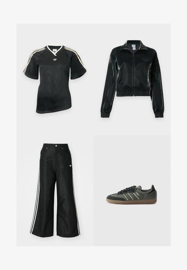 Sort blank cropped jakke med glidelås foran, høy krage og elastisk nederkant. Har tre striper på ermene og en liten logo på brystet.; Svart Adidas kortermet sportsskjorte med hvite og gule striper på skuldrene, V-hals, og subtilt chevronmønster på fronten.; Sorte vide benbukser med tre hvite striper på hver side og en liten hvit logo. Har frontlommer og knappelukking.; adidas Originals SAMBA OG - Joggesko - core black/legend earth/gum