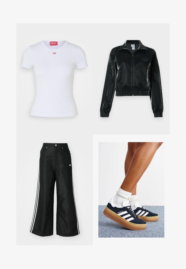 Casaco curto preto brilhante com fecho de correr frontal, gola alta e bainha elástica. Apresenta três riscas nas mangas e um pequeno logotipo no peito.; Camiseta justa branca com mangas curtas. Textura ribada, decote redondo. Pequeno logótipo vermelho "D" no peito. Feita de tecido elástico.; Calças de denim largas pretas com três riscas brancas em cada lado e um pequeno logótipo branco. Apresenta bolsos frontais e um fecho de botão.; Ténis de camurça preta com riscas e detalhes brancos, biqueira arredondada, sola em borracha cor de goma, combinados com meias brancas caneladas até à altura do tornozelo.