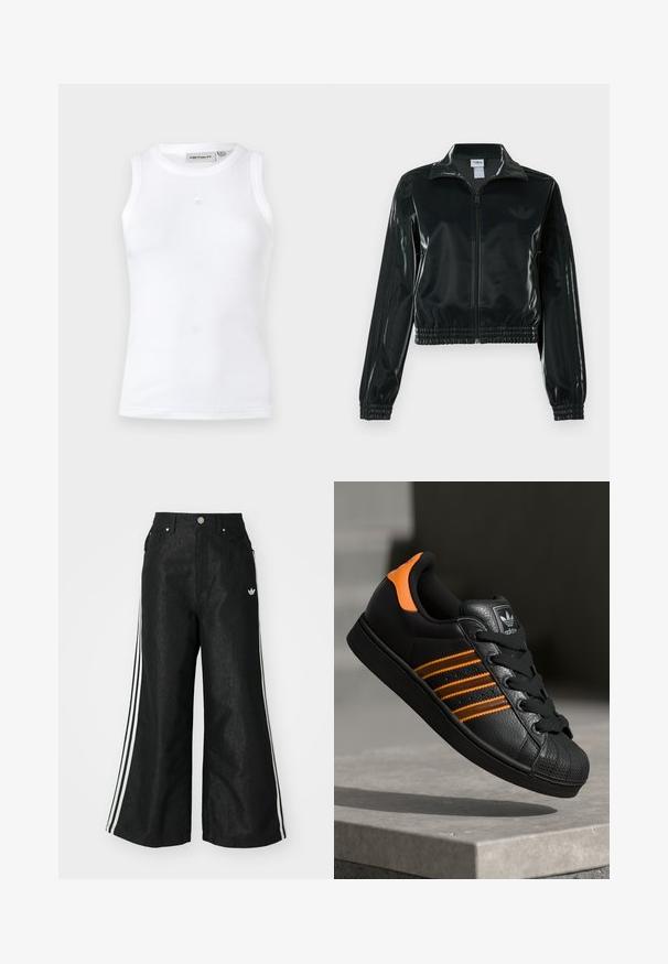 Veste courte noire brillante avec fermeture éclair à l'avant, col montant et ourlet élastiqué. Dotée de trois bandes sur les manches et d'un petit logo sur la poitrine.; Débardeur blanc sans manches en tissu côtelé. Présente un col rond et un petit logo au centre à l'avant. Design simple.; Pantalon en denim large noir avec trois accents de rayures blanches de chaque côté et un petit logo blanc. Dispose de poches avant et d'une fermeture à bouton.; Baskets noires avec des accents orange, trois bandes horizontales, tige en cuir texturé, protection en caoutchouc à l'avant et lacets noirs.