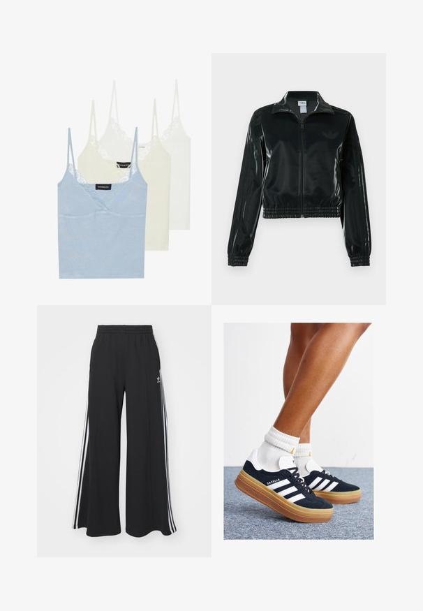 Black glossy cropped jacket with a zip front, high collar, and elasticized hem. Features three stripes on sleeves and a small logo on the chest.; Three camisoles: light blue, cream, and white. Made of soft fabric with lace trim along the neckline and thin adjustable straps.; Black wide-leg sweatpants with an elastic waistband, featuring white side stripes and an embroidered logo on the left thigh.; Black suede sneakers with white stripes and accents, rounded toe, gum rubber outsole, paired with white ribbed crew socks.