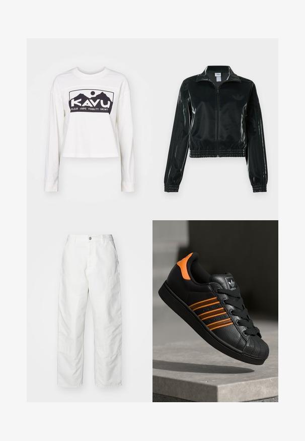 Svart glansig kort jacka med dragkedja framtill, hög krage och elastisk nederkant. Har tre ränder på ärmarna och en liten logga på bröstet.; Vit långärmad tröja med en kort design, med en svart bergsgrafik och fetstilt "KAVU"-text. Mjukt bomullsmaterial.; Vita cargobyxor i denim, med en avslappnad passform, sidofickor och synliga sömnadsdetaljer. En enkel framsida med knappstängning.; Svart sneakers med orange detaljer, tre horisontella ränder, texturerad läderöverdel, gummitåhuvud och svarta snören.